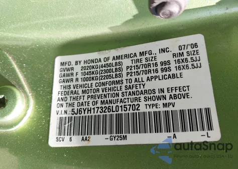 2006 Honda Element Lx из США, поврежденный, VIN 5J6YH17326L015702